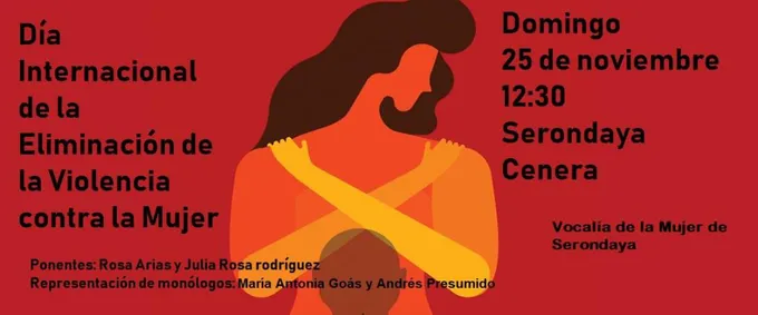 Cartel del acto del domingo 25 de noviembre a las 12:30 en Serondaya, Cenera, por el Día Internacional de la Eliminación de la Violencia contra la Mujer, con la silueta de una mujer con los brazos cruzados