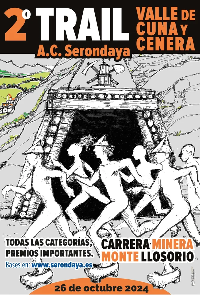 Cartel del 2.º Trail Valle de Cuna y Cenera, Carrera Minera Monte Llosorio, el 26 de octubre de 2024, con un dibujo de corredores saliendo de una bocamina