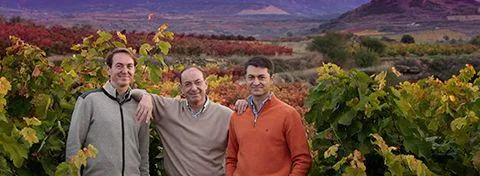 Tres hombres posan entre viñedos de la Fundación Vivanco, en La Rioja