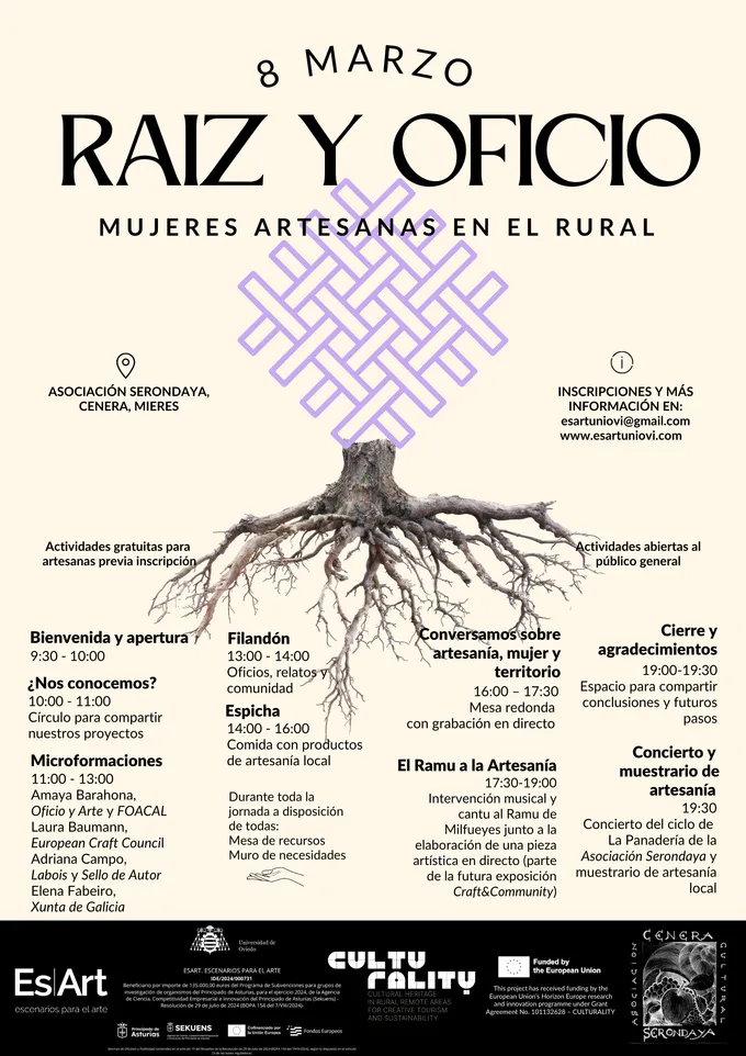 Cartel de la jornada Raíz y Oficio, mujeres artesanas en lo rural, el 8 de marzo en Cenera, con el programa de actividades sobre un dibujo de un árbol con raíces