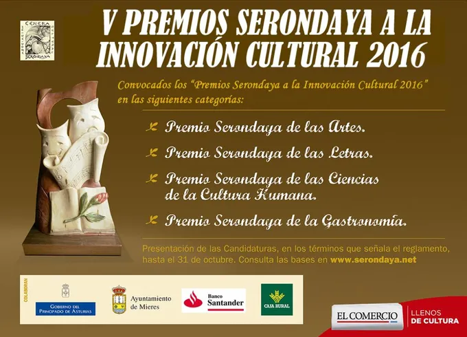 Cartel de la V edición de los Premios Serondaya a la Innovación Cultural 2016, con la escultura del premio y las cuatro categorías