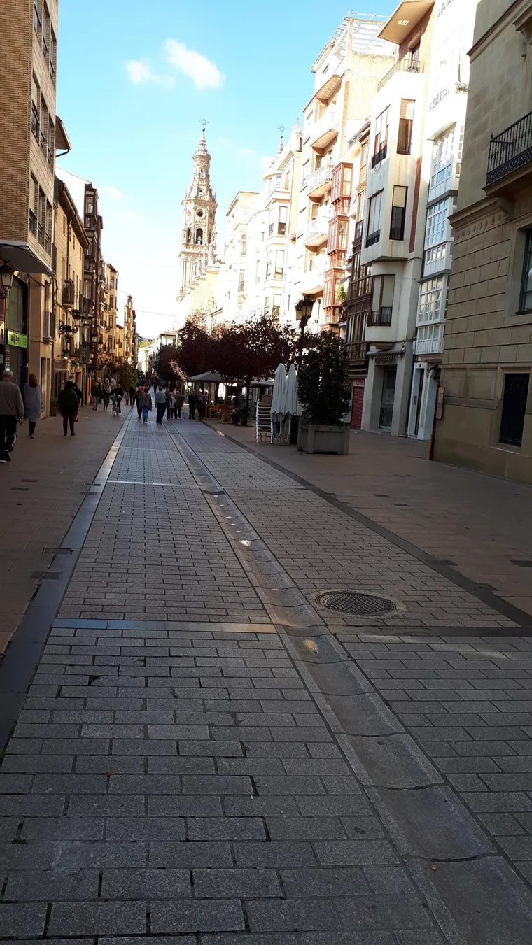 Calle comercial con la torre de una catedral al fondo durante una escapada