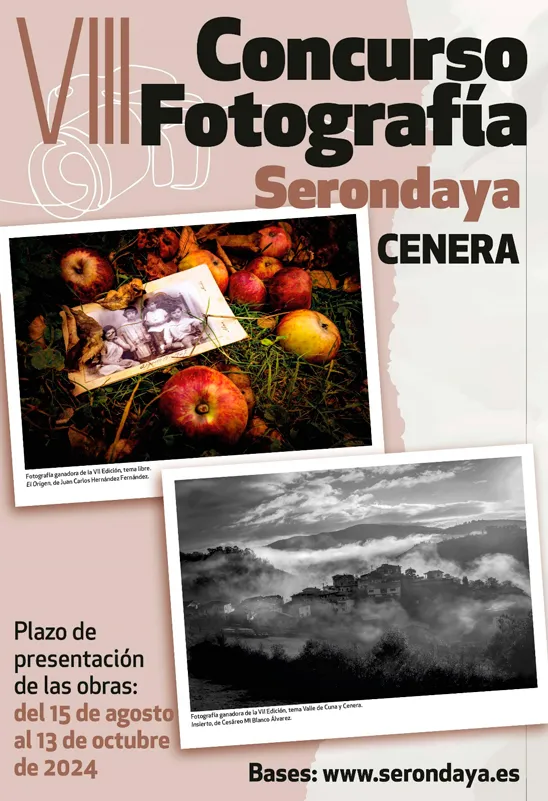 Cartel del VIII Concurso de Fotografía Serondaya, con dos fotografías ganadoras y plazo de presentación del 15 de agosto al 13 de octubre de 2024