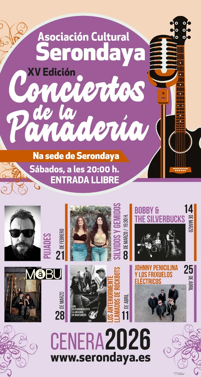 Cartel de la XV edición de los Conciertos de la Panadería en la sede de Serondaya, con los grupos y fechas de febrero a abril de 2026 y entrada libre
